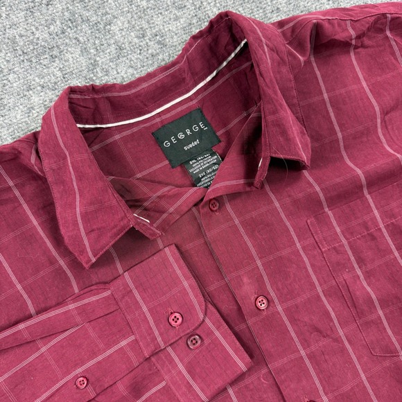 George Other - George Button Up Shirt 2XL Merlot Sueded Grid Print FLAW Mens